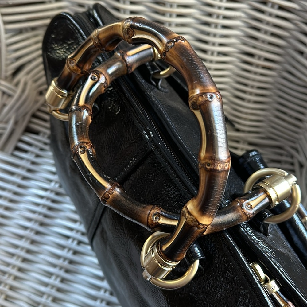 Talbots Black Patent Satchel with Bamboo Handles - Picture 4 of 16